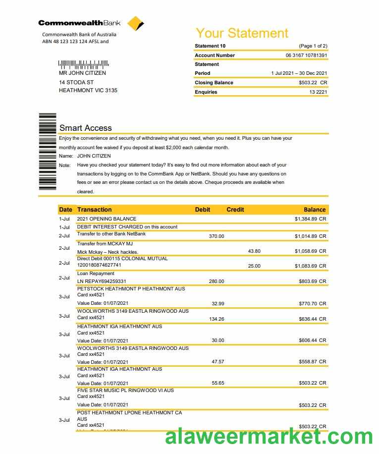 Australia Commonwealth Bank statement template in Excel and PDF format, fully editable